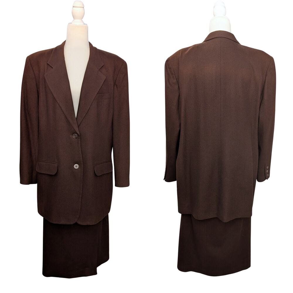 100% Wool Maggie McNaughton Brown Wool Blazer Skirt Suit 18W